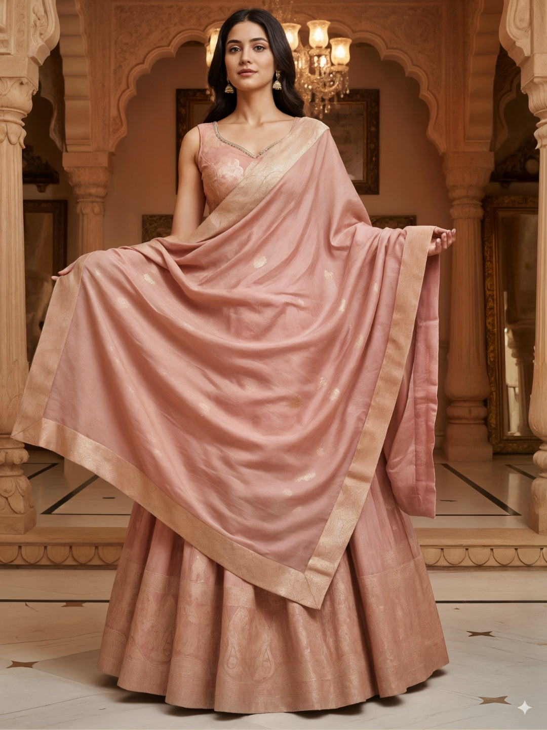 Dusty Pink Banarasi Silk Lehenga Choli Set with Zari Woven Mughal Paisley Motifs