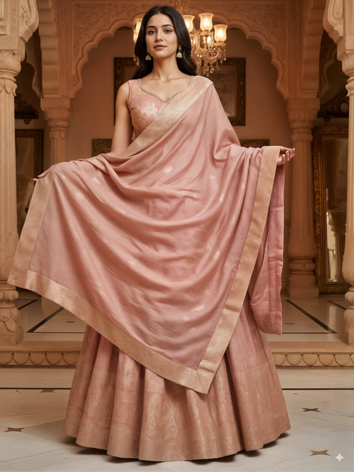 Dusty Pink Banarasi Silk Lehenga Choli Set with Zari Woven Mughal Paisley Motifs