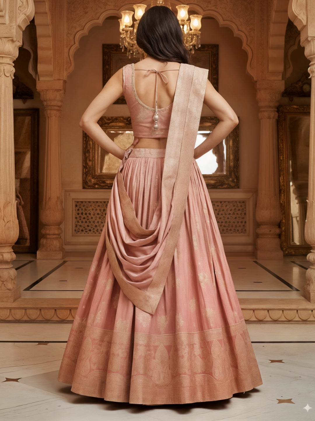 Dusty Pink Banarasi Silk Lehenga Choli Set with Zari Woven Mughal Paisley Motifs
