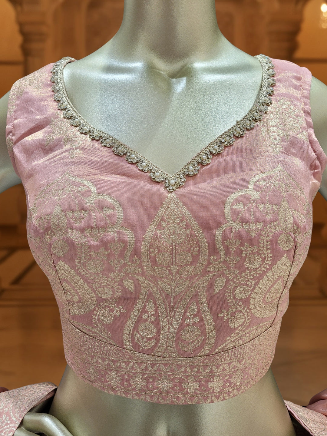 Dusty Pink Banarasi Silk Lehenga Choli Set with Zari Woven Mughal Paisley Motifs
