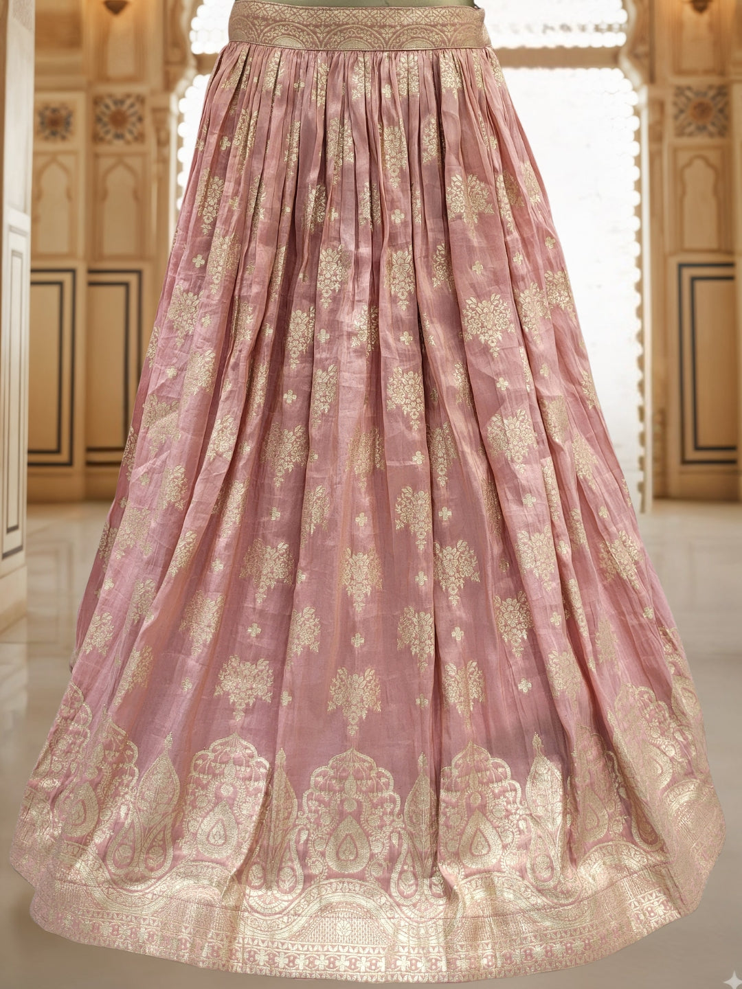Dusty Pink Banarasi Silk Lehenga Choli Set with Zari Woven Mughal Paisley Motifs