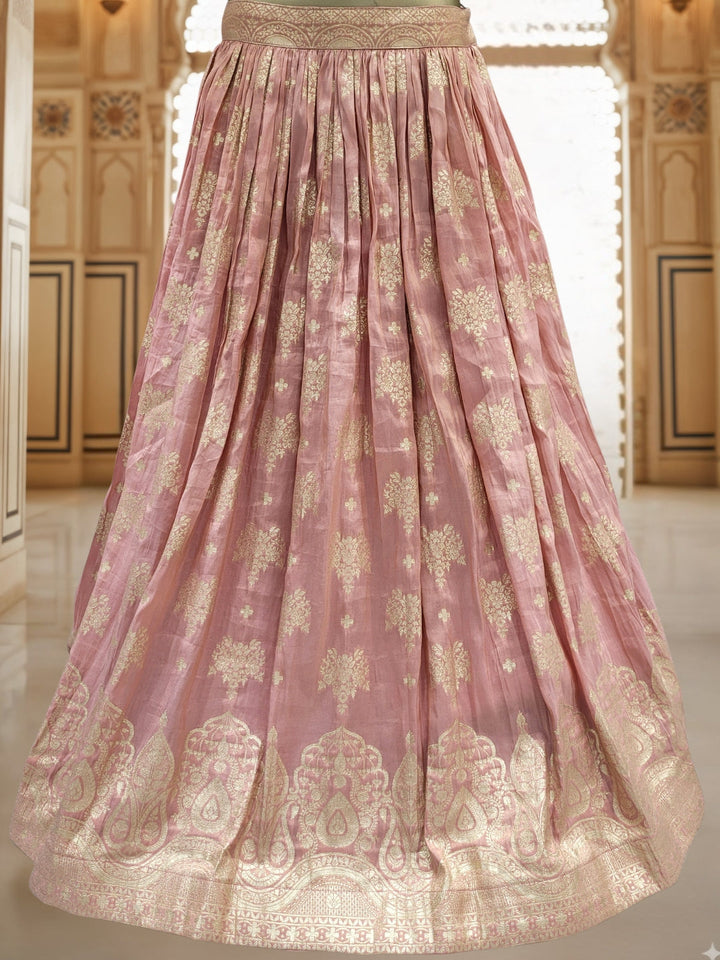 Dusty Pink Banarasi Silk Lehenga Choli Set with Zari Woven Mughal Paisley Motifs