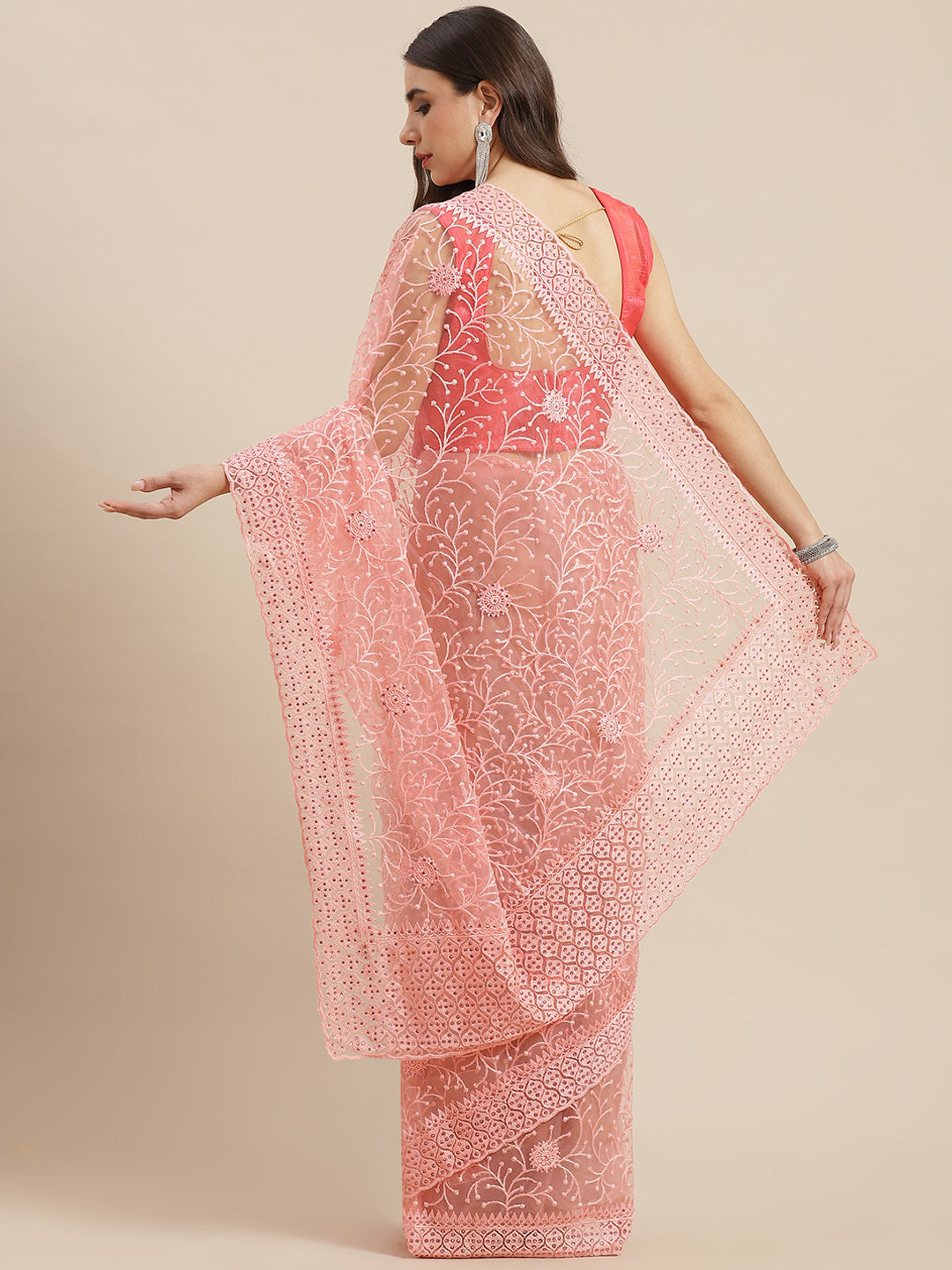 Pastel Net Resham Embroidery Saree Embellished With Scalopped Border