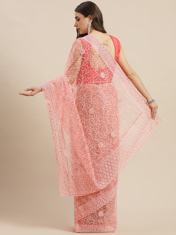 Pastel Net Resham Embroidery Saree Embellished With Scalopped Border