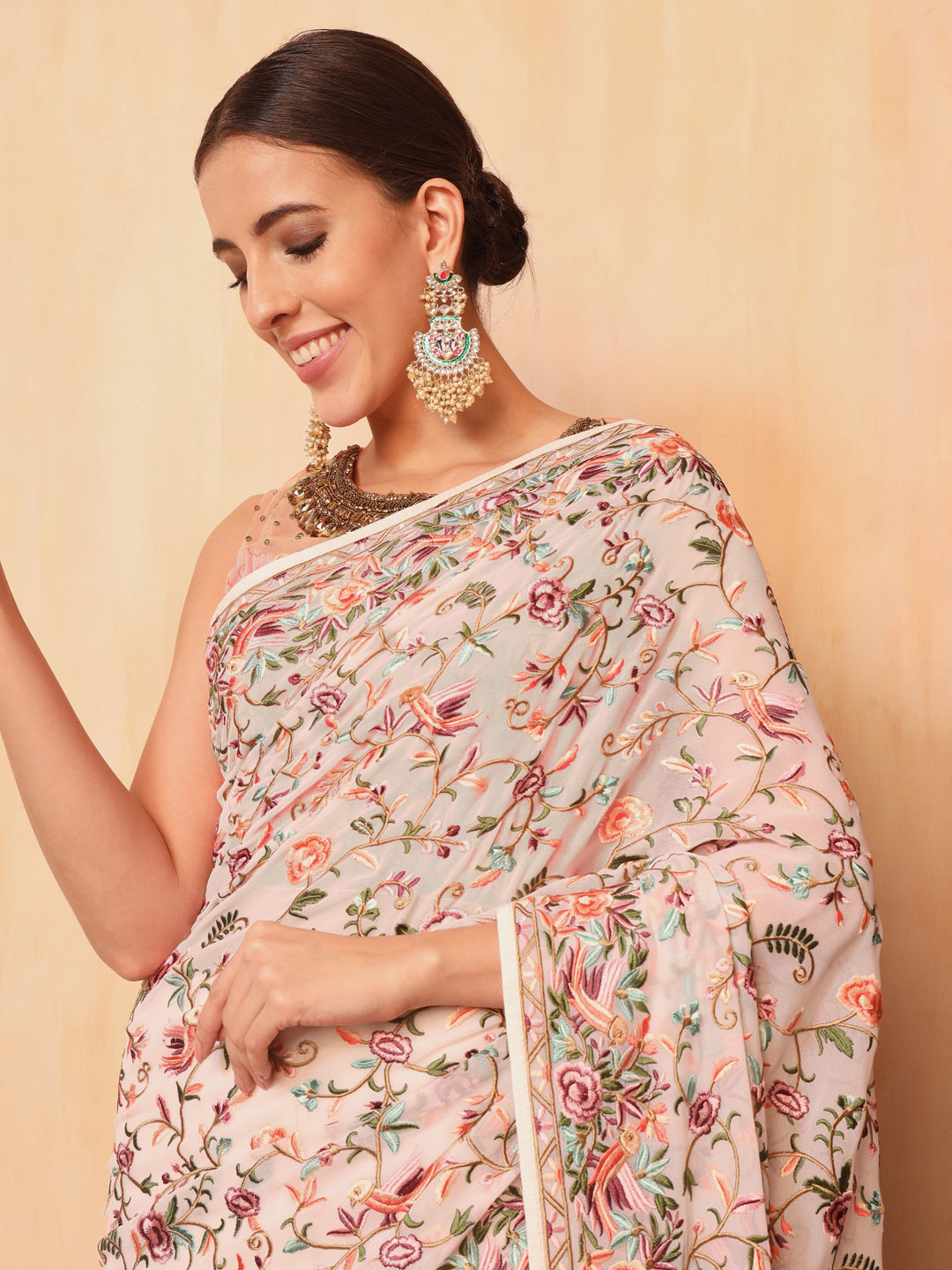 Cream Parsi Resham Embroidery Saree with Intricate Floral Motifs