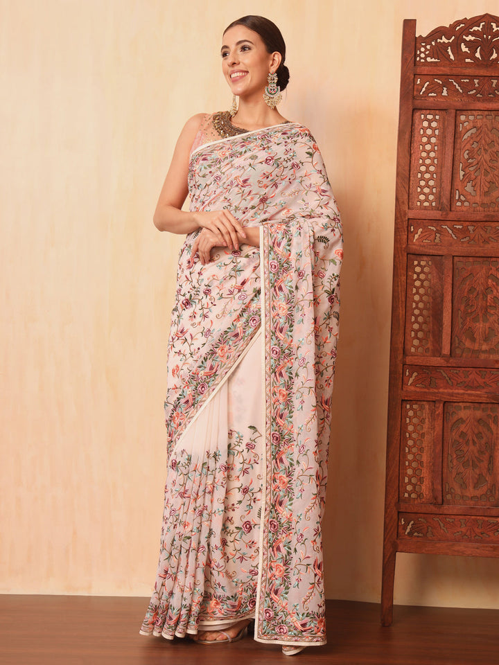 Cream Parsi Resham Embroidery Saree with Intricate Floral Motifs