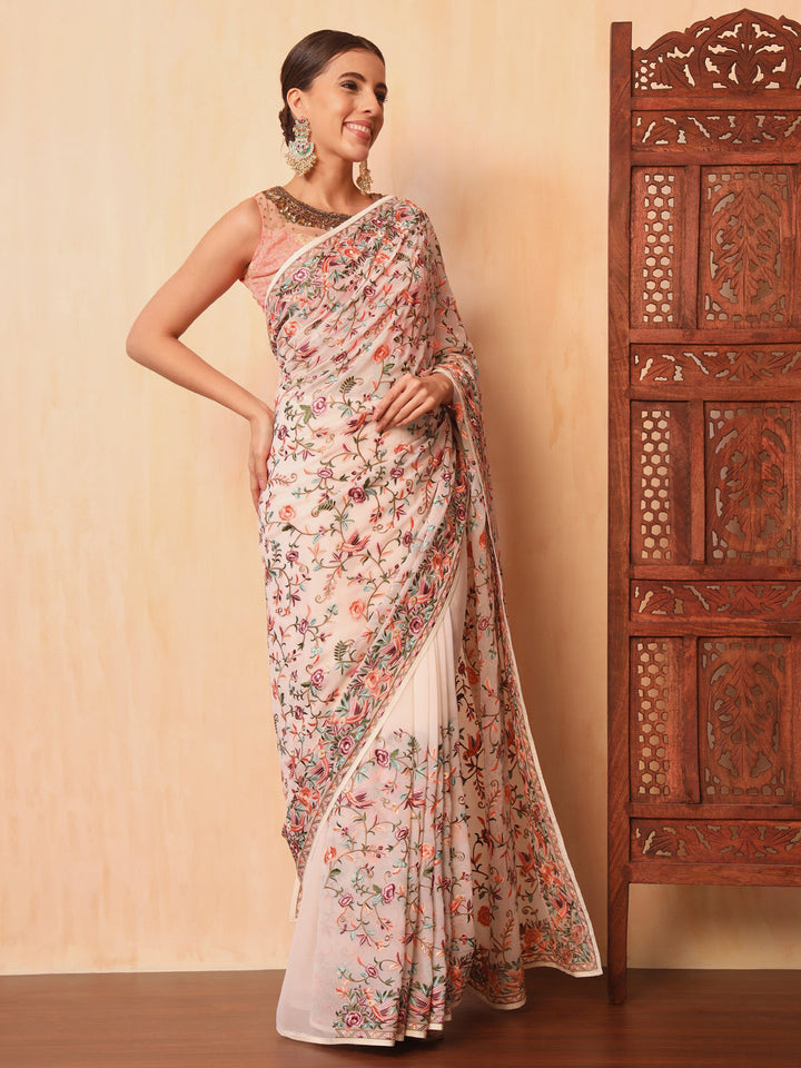 Cream Parsi Resham Embroidery Saree with Intricate Floral Motifs