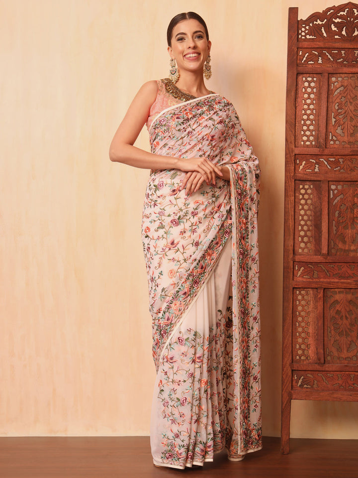 Cream Parsi Resham Embroidery Saree with Intricate Floral Motifs