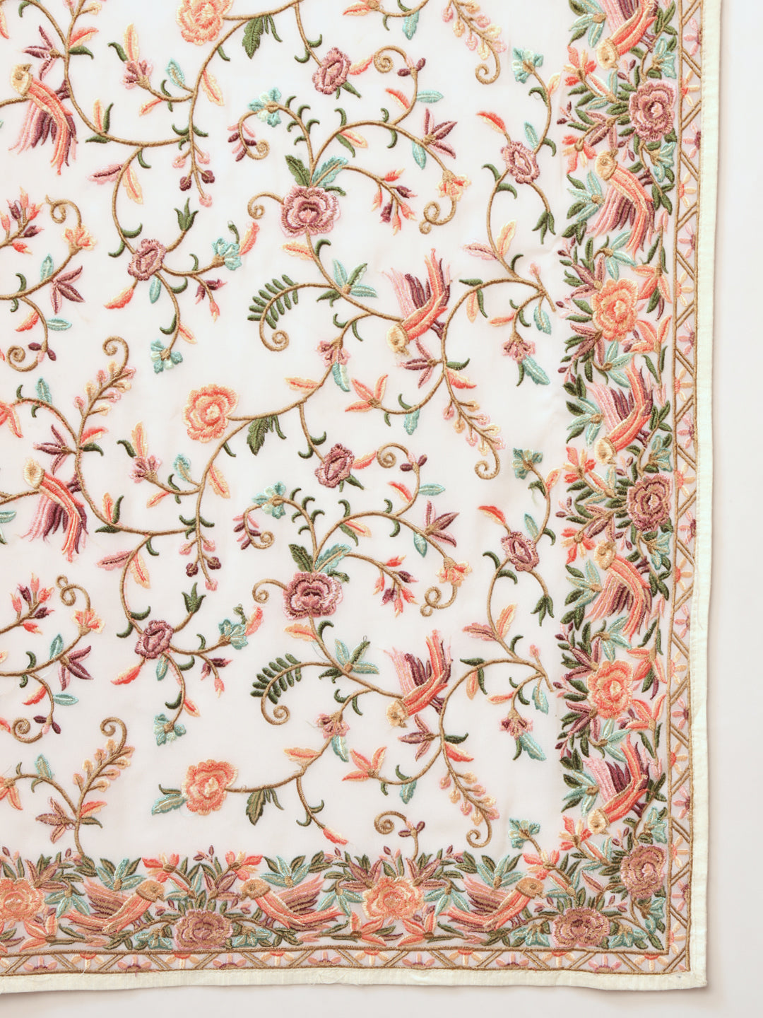 Cream Parsi Resham Embroidery Saree with Intricate Floral Motifs