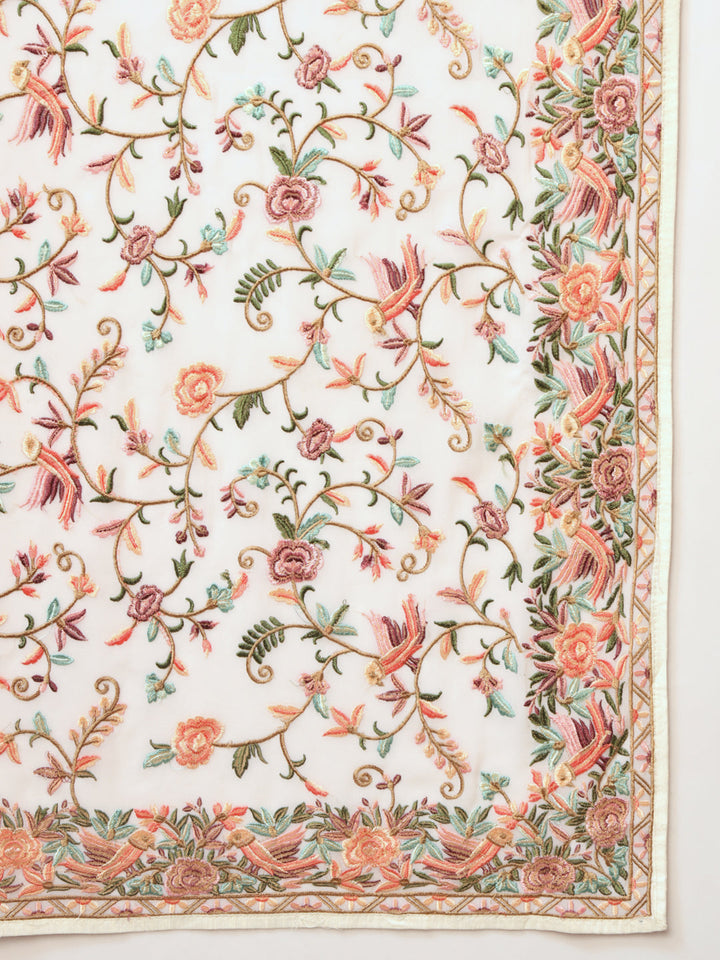 Cream Parsi Resham Embroidery Saree with Intricate Floral Motifs