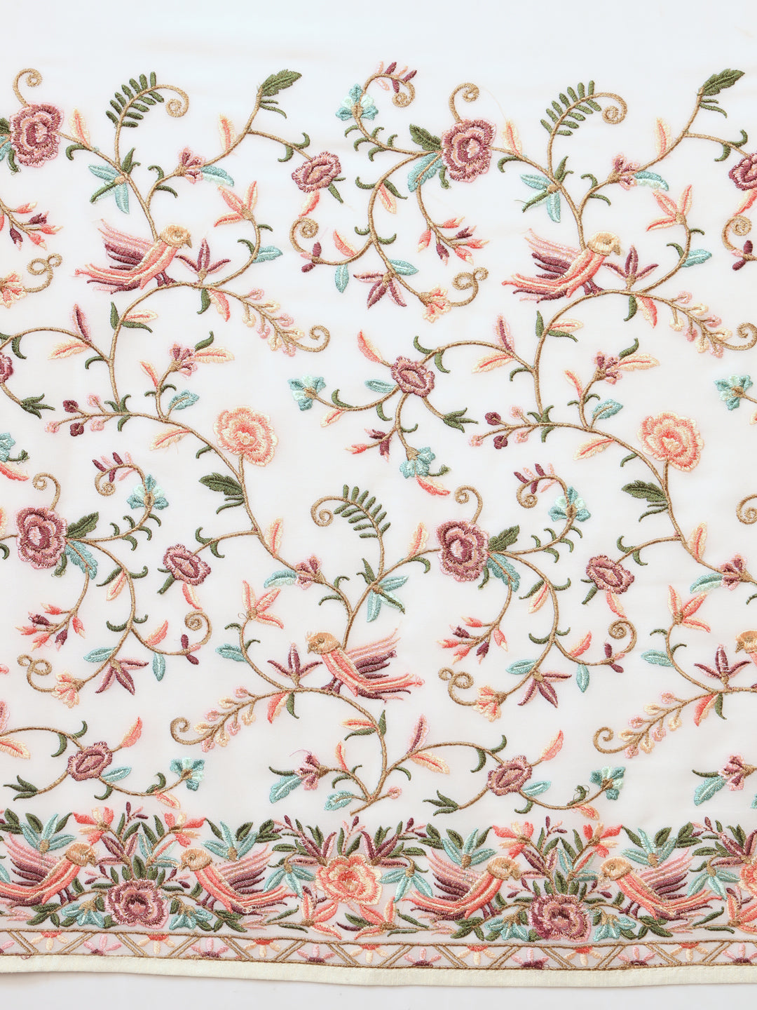 Cream Parsi Resham Embroidery Saree with Intricate Floral Motifs