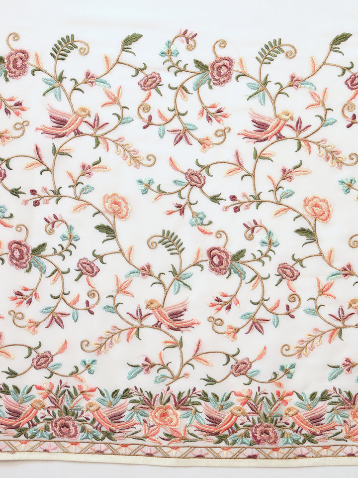 Cream Parsi Resham Embroidery Saree with Intricate Floral Motifs