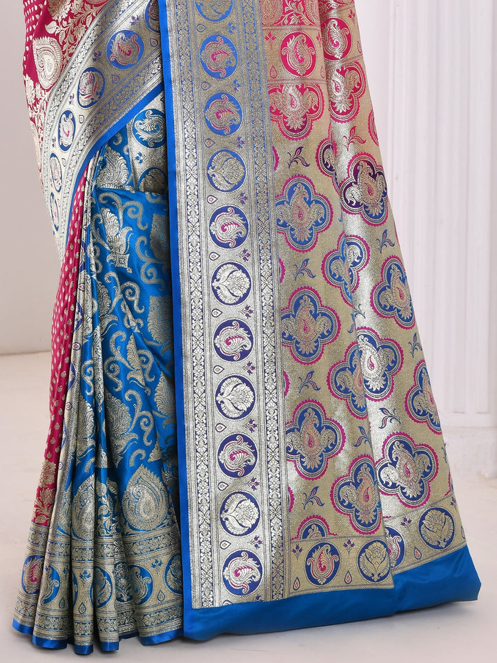 Magenta & Gold Toned Ethnic Motifs Zari Silk Blend Banarasi Saree