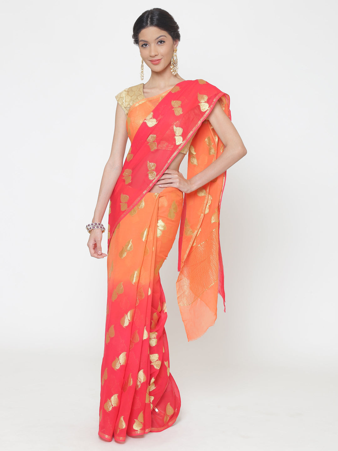 Mysore Georgette Peach to Pink ombre dyed saree with Leaf shaped weaved motifs