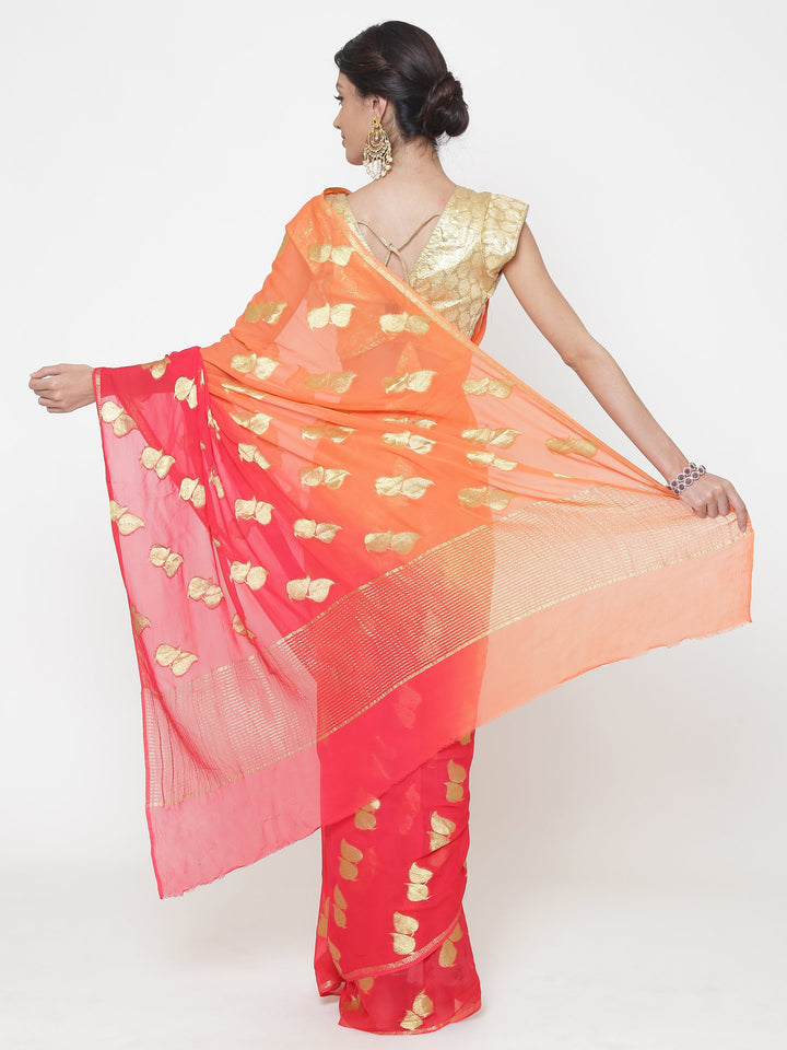 Mysore Georgette Peach to Pink ombre dyed saree with Leaf shaped weaved motifs