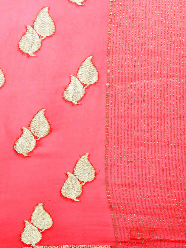 Mysore Georgette Peach to Pink ombre dyed saree with Leaf shaped weaved motifs