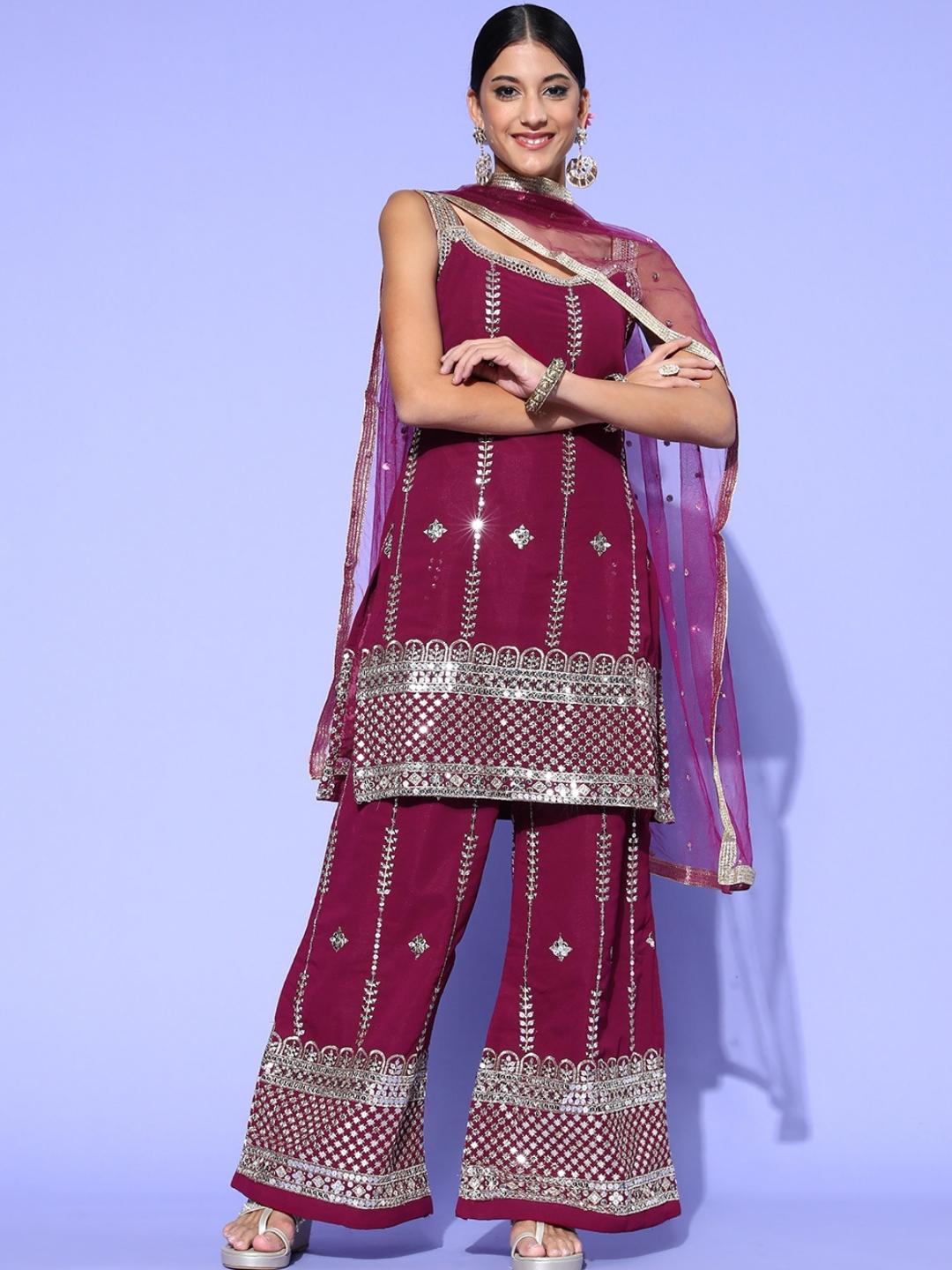 Zari Embroidered Kurta Palazzo Set with Lace Shoulder straps