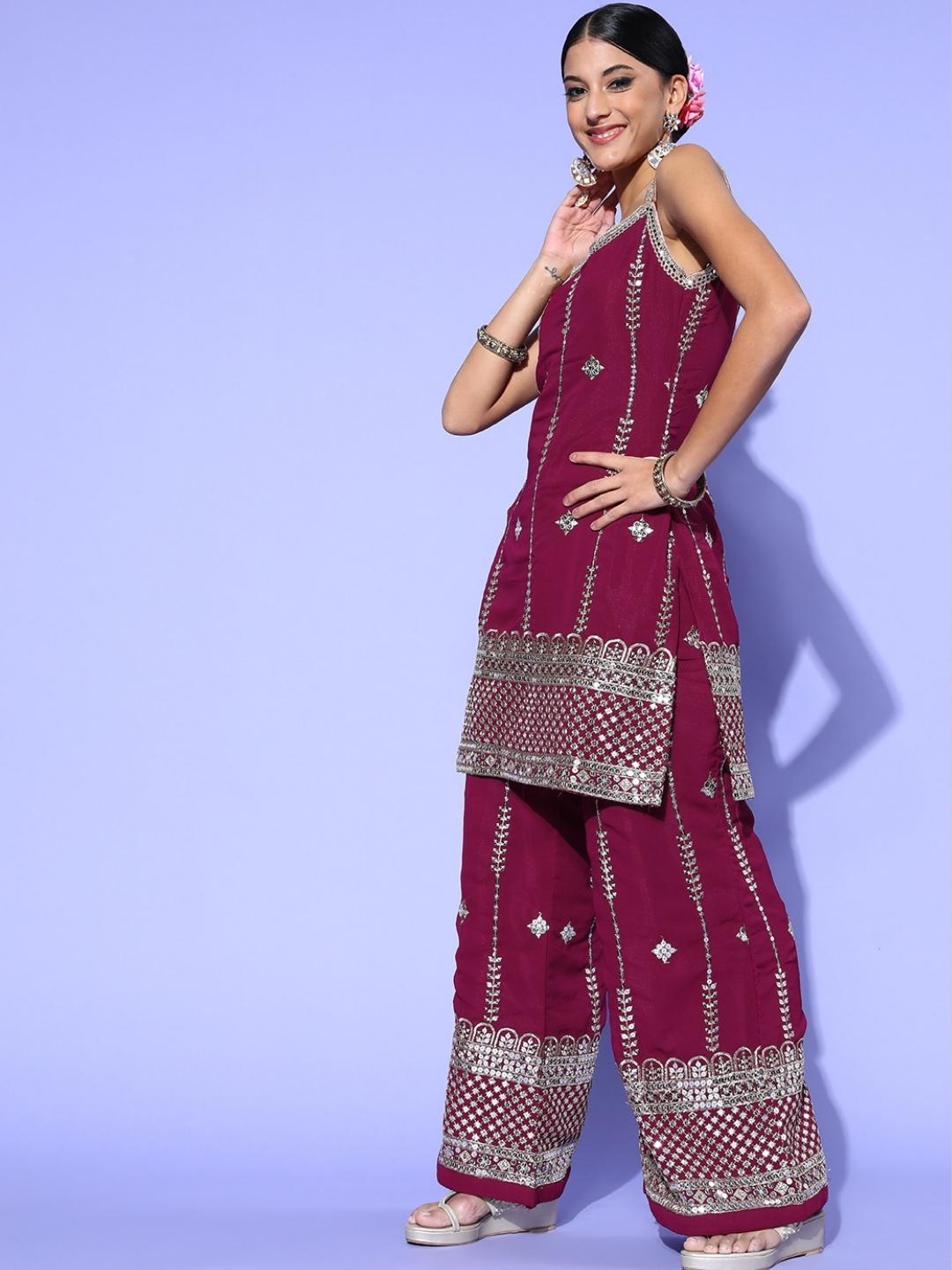 Zari Embroidered Kurta Palazzo Set with Lace Shoulder straps