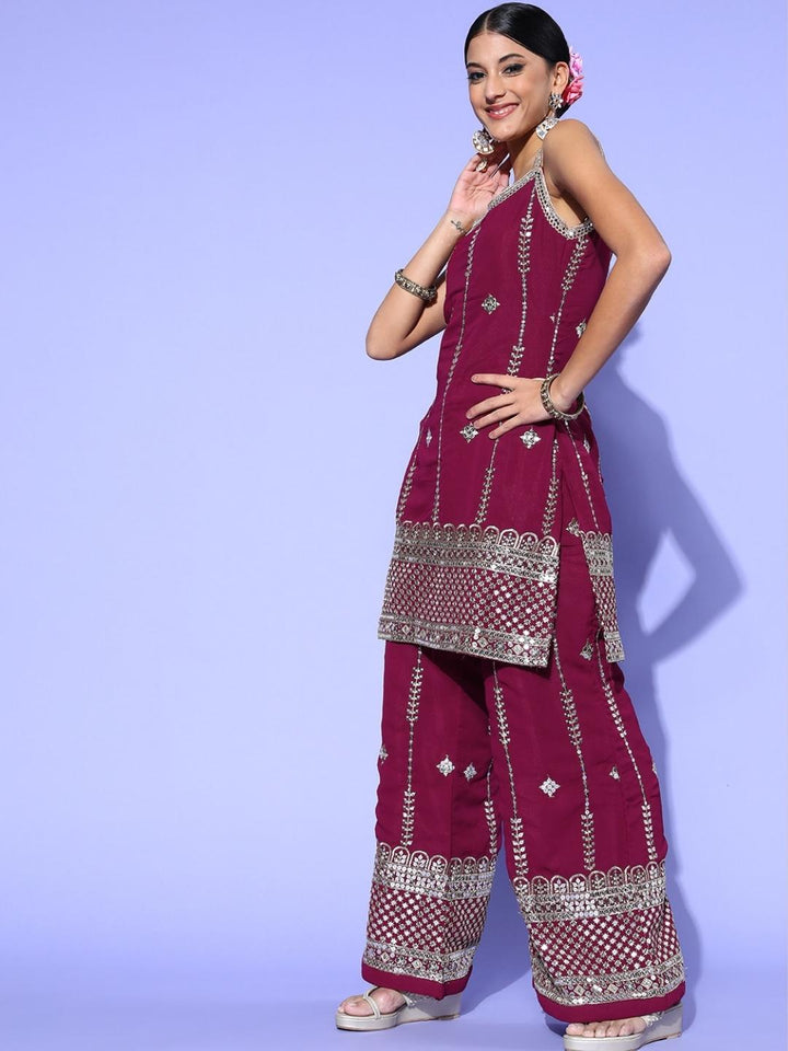 Zari Embroidered Kurta Palazzo Set with Lace Shoulder straps