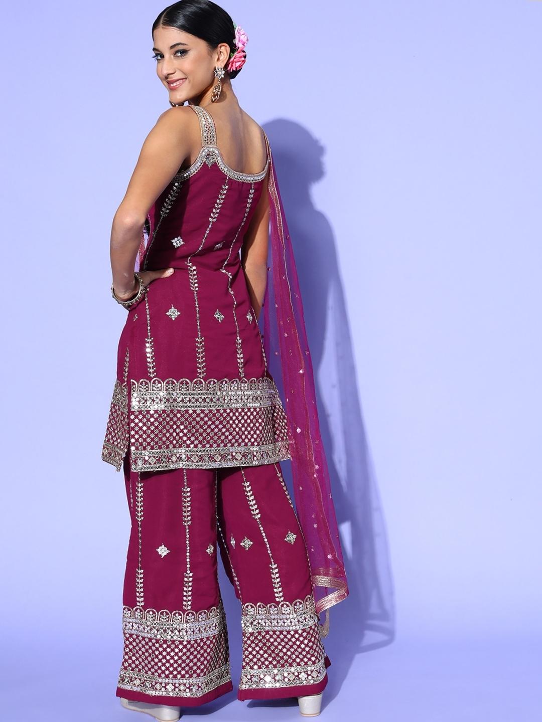 Zari Embroidered Kurta Palazzo Set with Lace Shoulder straps