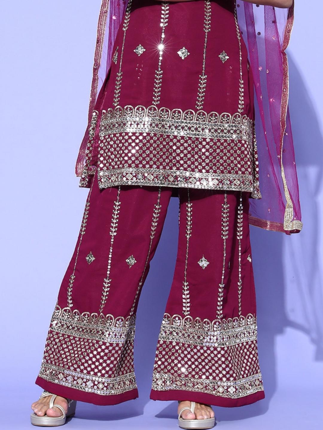 Zari Embroidered Kurta Palazzo Set with Lace Shoulder straps