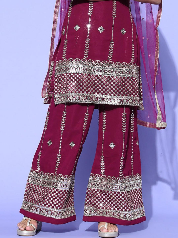Zari Embroidered Kurta Palazzo Set with Lace Shoulder straps