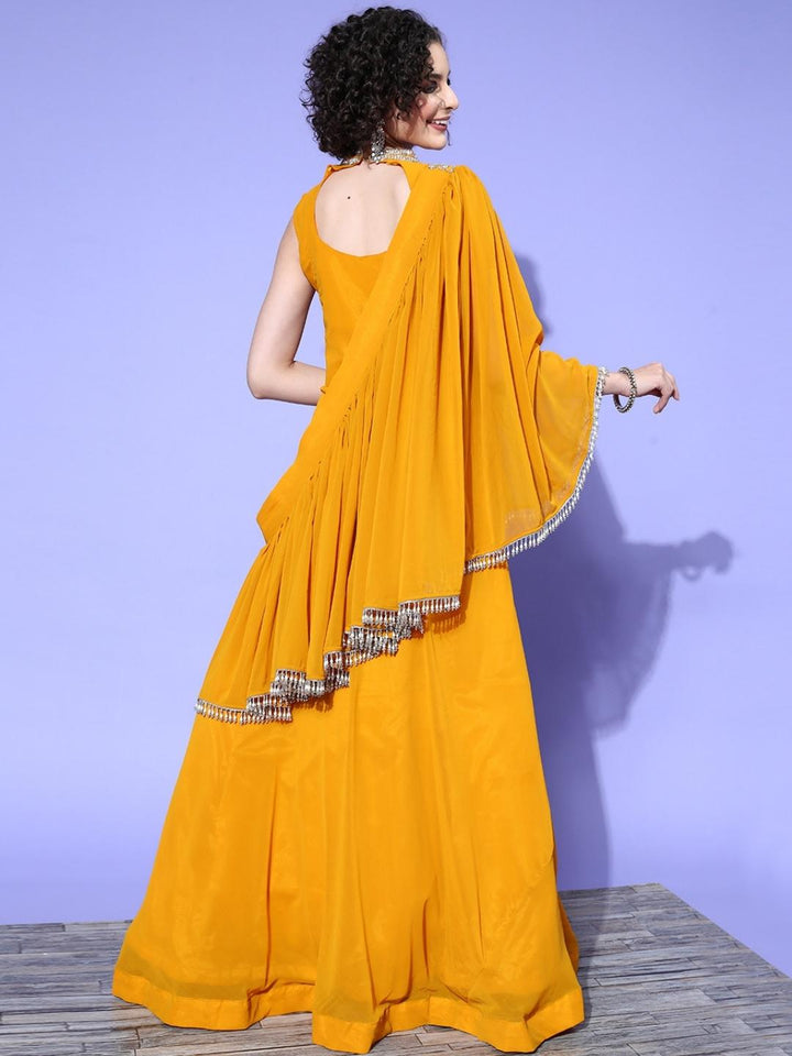 Zircon Embellished Halter Neck Flared Gown with Draped Tassled Dupatta