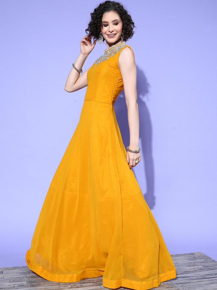 Zircon Embellished Halter Neck Flared Gown with Draped Tassled Dupatta