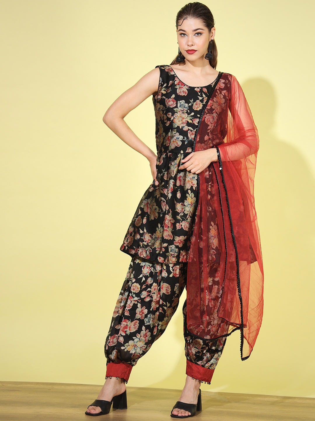 Peplum Floral Digital Print Kurta Set with Afghan Salwar & Net Dupatta