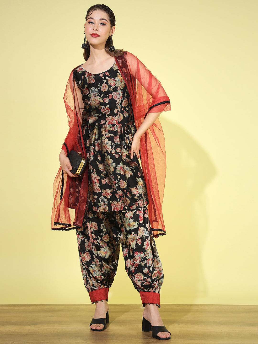 Peplum Floral Digital Print Kurta Set with Afghan Salwar & Net Dupatta
