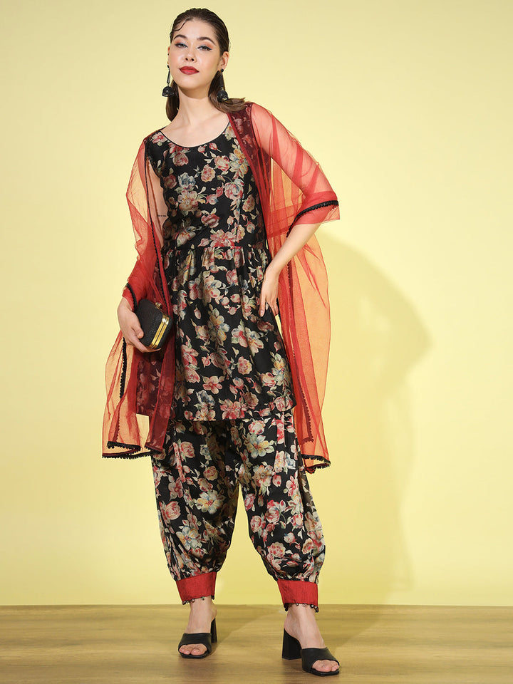 Peplum Floral Digital Print Kurta Set with Afghan Salwar & Net Dupatta