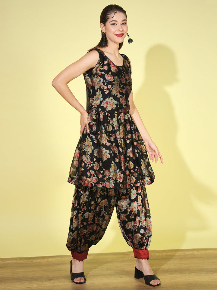 Peplum Floral Digital Print Kurta Set with Afghan Salwar & Net Dupatta
