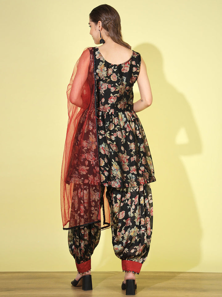Peplum Floral Digital Print Kurta Set with Afghan Salwar & Net Dupatta