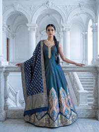 Banarasi Weave Paisley Border Anarkali with Dupatta in Teal Navy