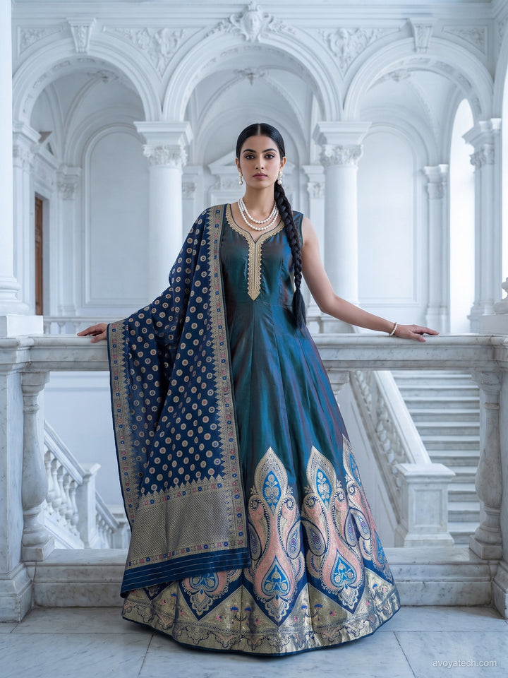Banarasi Weave Paisley Border Anarkali with Dupatta in Teal Navy