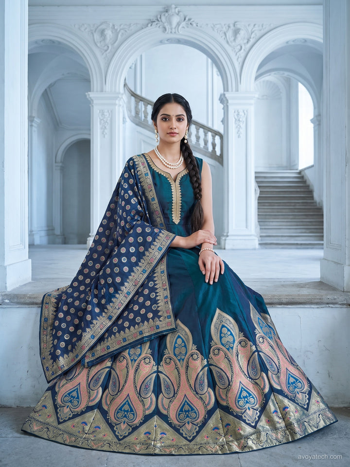 Banarasi Weave Paisley Border Anarkali with Dupatta in Teal Navy