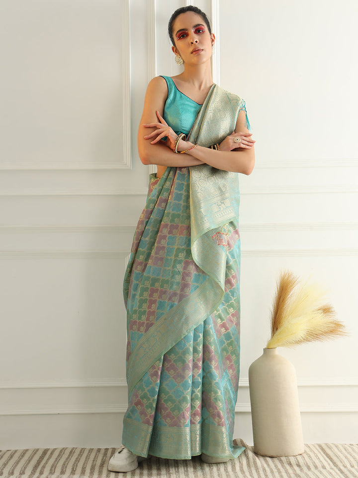 Banarasi Chanderi Saree with Multi Color Ombre style Resham Motifs