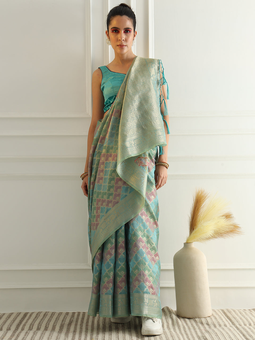 Banarasi Chanderi Saree with Multi Color Ombre style Resham Motifs