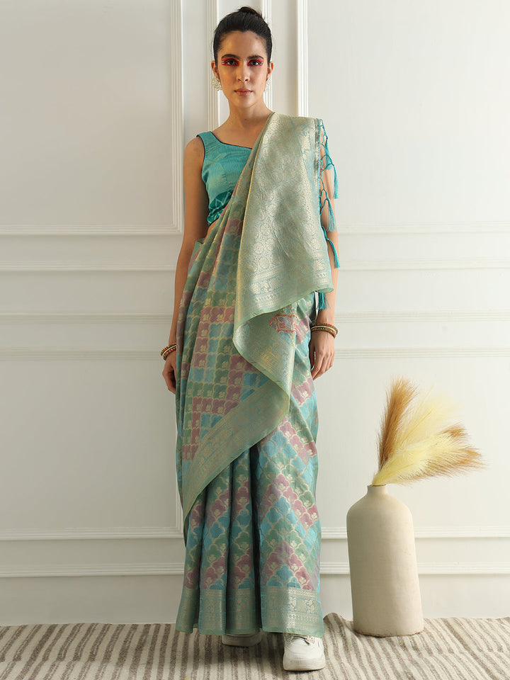 Banarasi Chanderi Saree with Multi Color Ombre style Resham Motifs