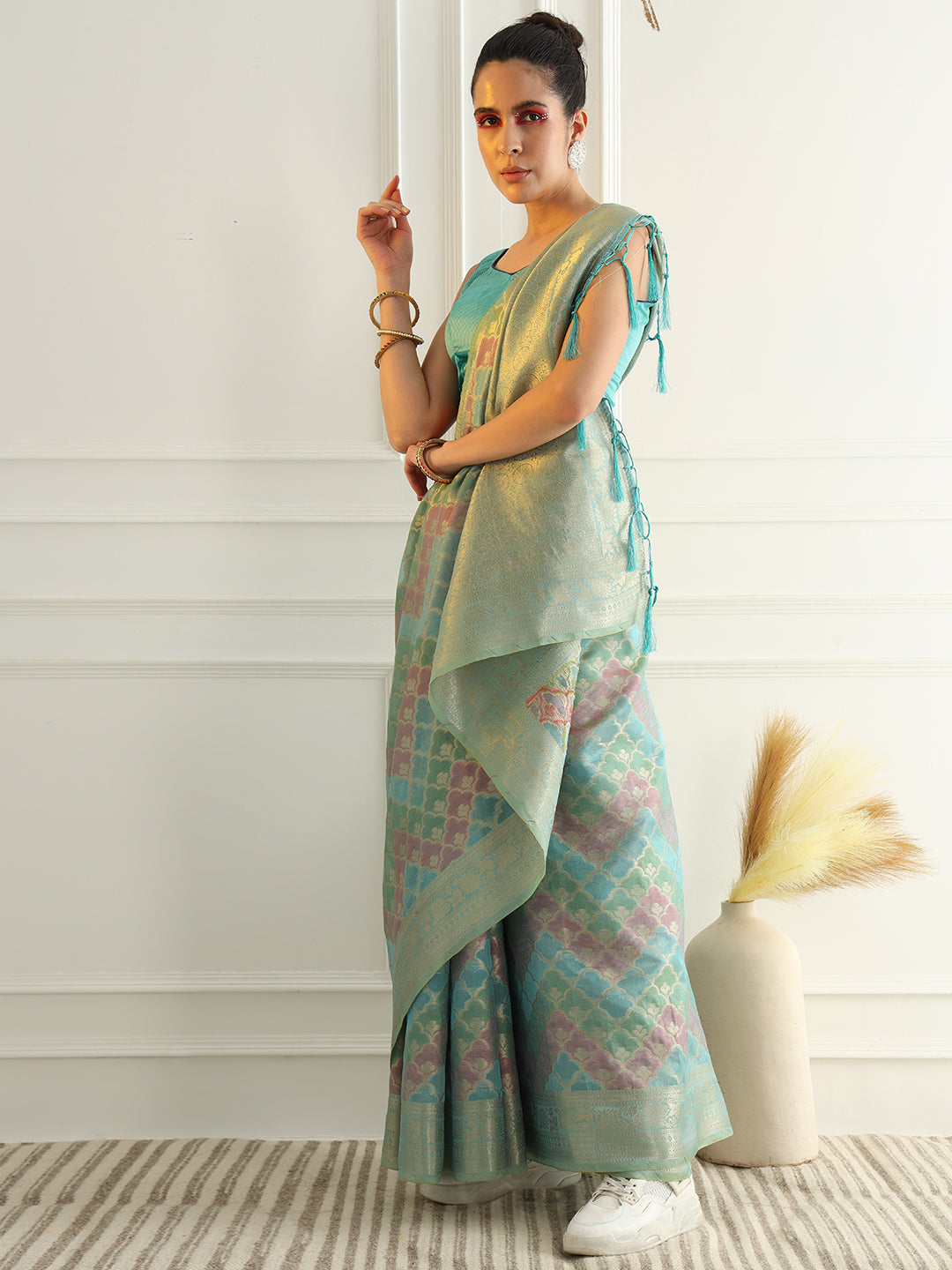 Banarasi Chanderi Saree with Multi Color Ombre style Resham Motifs
