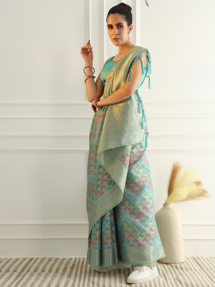 Banarasi Chanderi Saree with Multi Color Ombre style Resham Motifs