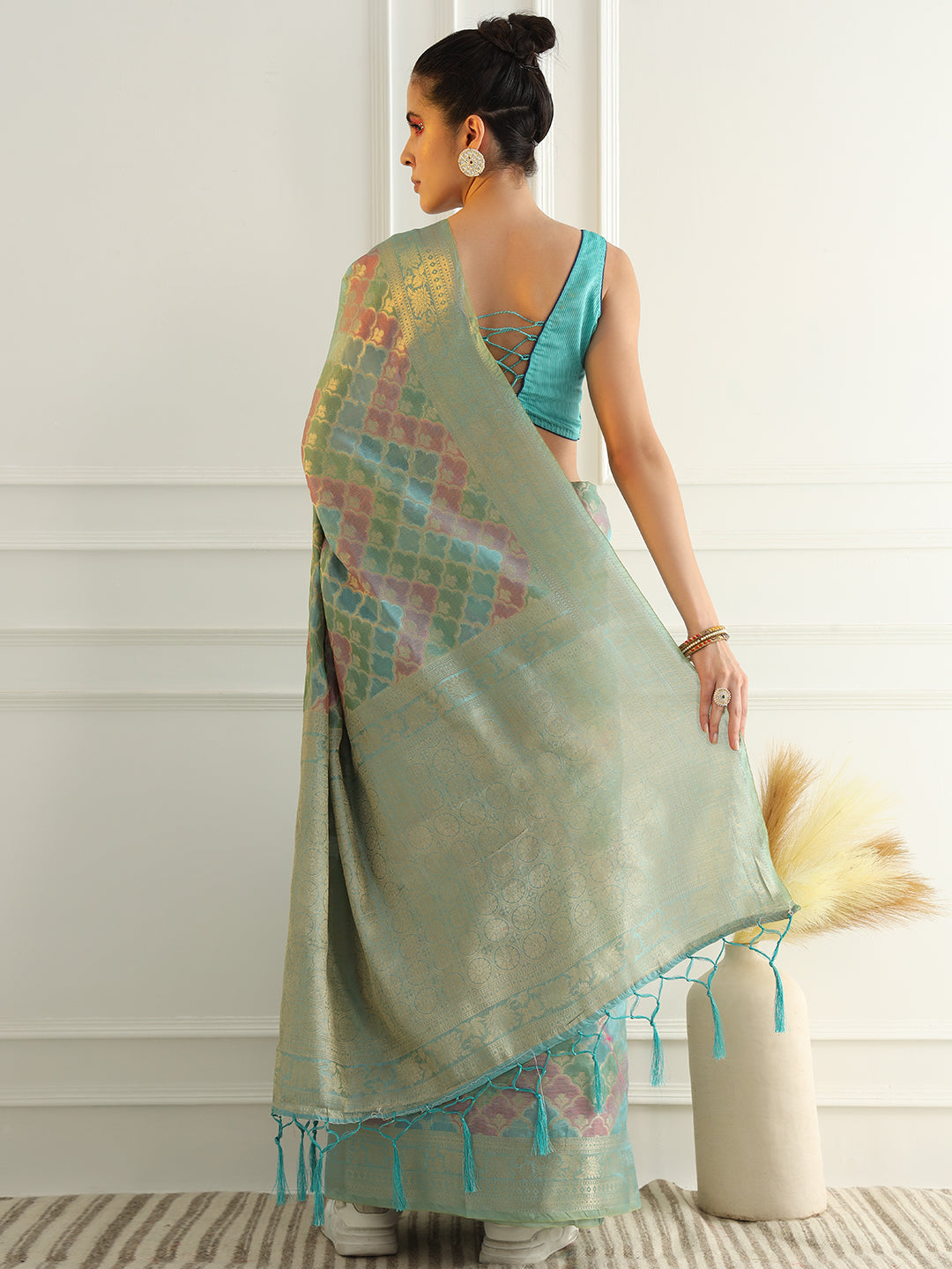 Banarasi Chanderi Saree with Multi Color Ombre style Resham Motifs