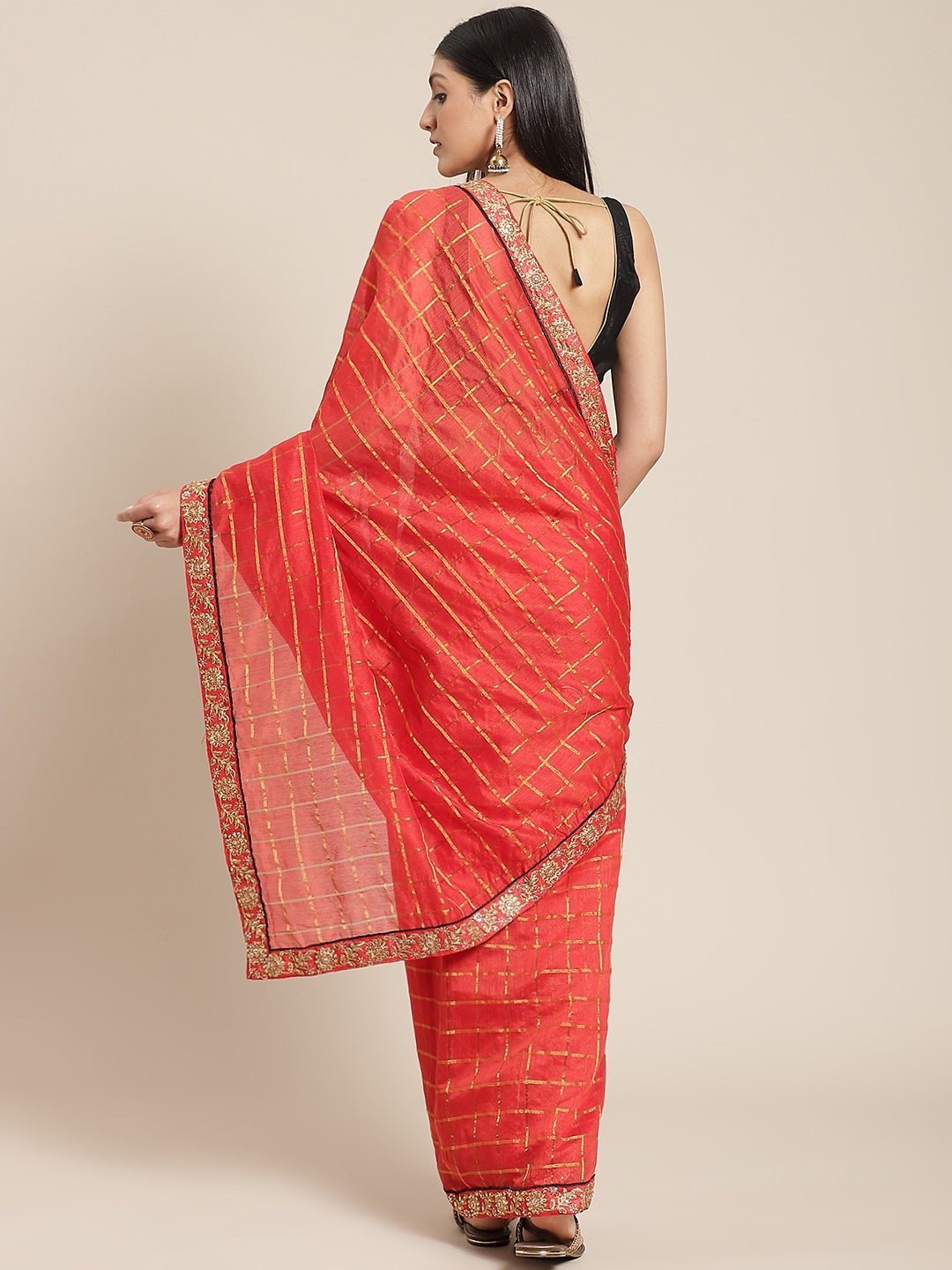Red Gharchola Saree With Kundan Embroidery Border & Contrast Green Embellished Blouse