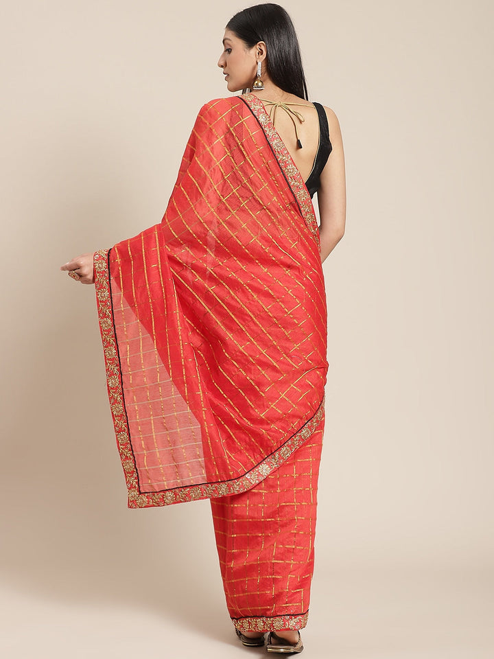 Red Gharchola Saree With Kundan Embroidery Border & Contrast Green Embellished Blouse