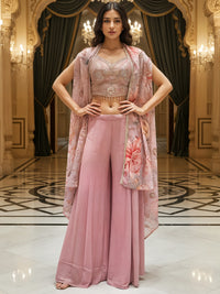 Sequinned Crop Top Set with Multicolor Tasseles, Flared Palazzo & Floral Print Cape