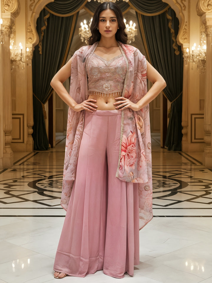 Sequinned Crop Top Set with Multicolor Tasseles, Flared Palazzo & Floral Print Cape
