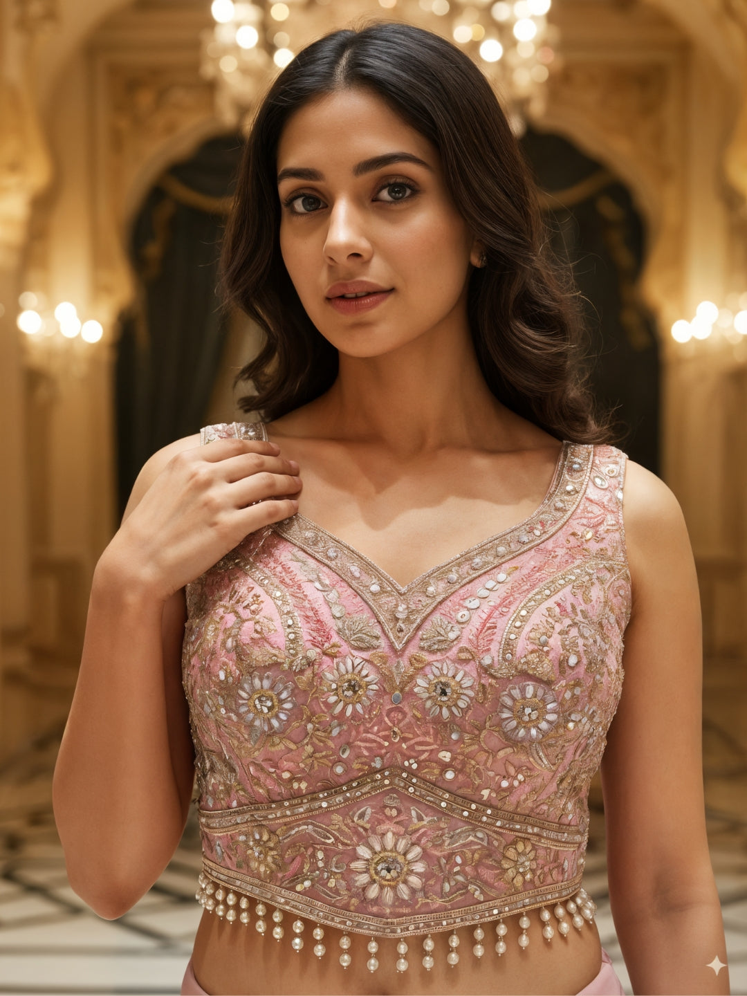 Sequinned Crop Top Set with Multicolor Tasseles, Flared Palazzo & Floral Print Cape