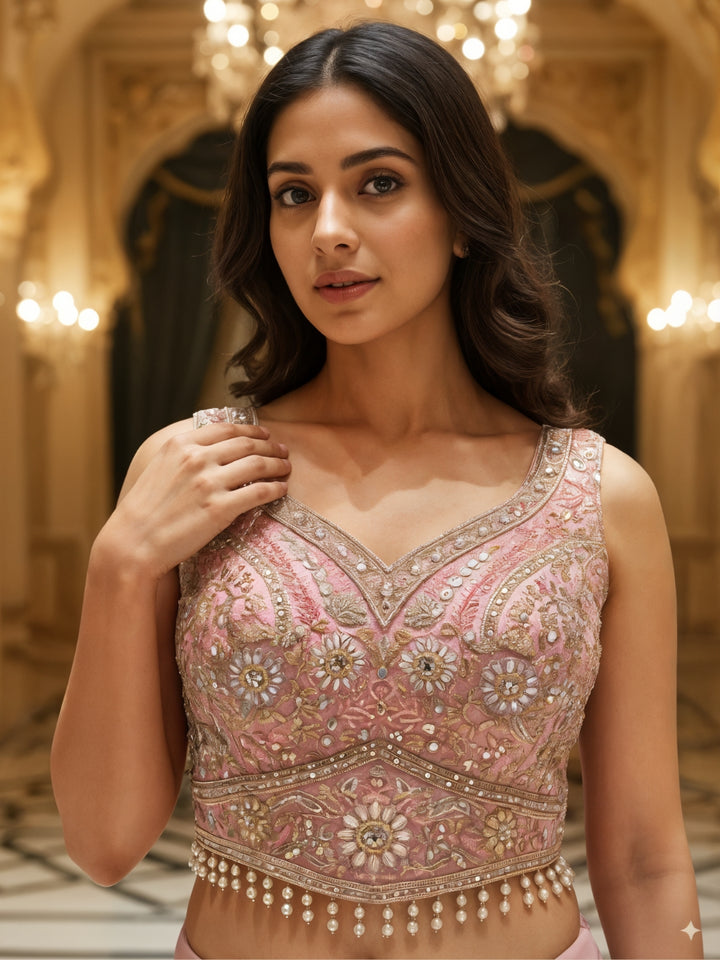 Sequinned Crop Top Set with Multicolor Tasseles, Flared Palazzo & Floral Print Cape