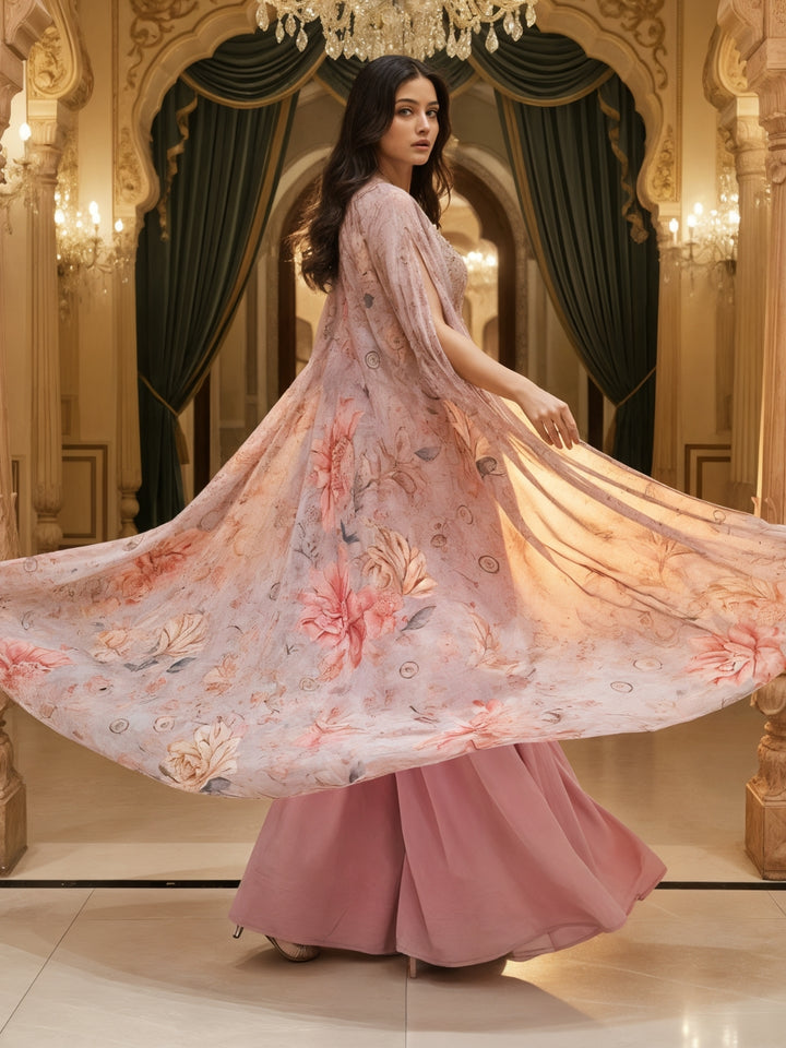 Sequinned Crop Top Set with Multicolor Tasseles, Flared Palazzo & Floral Print Cape