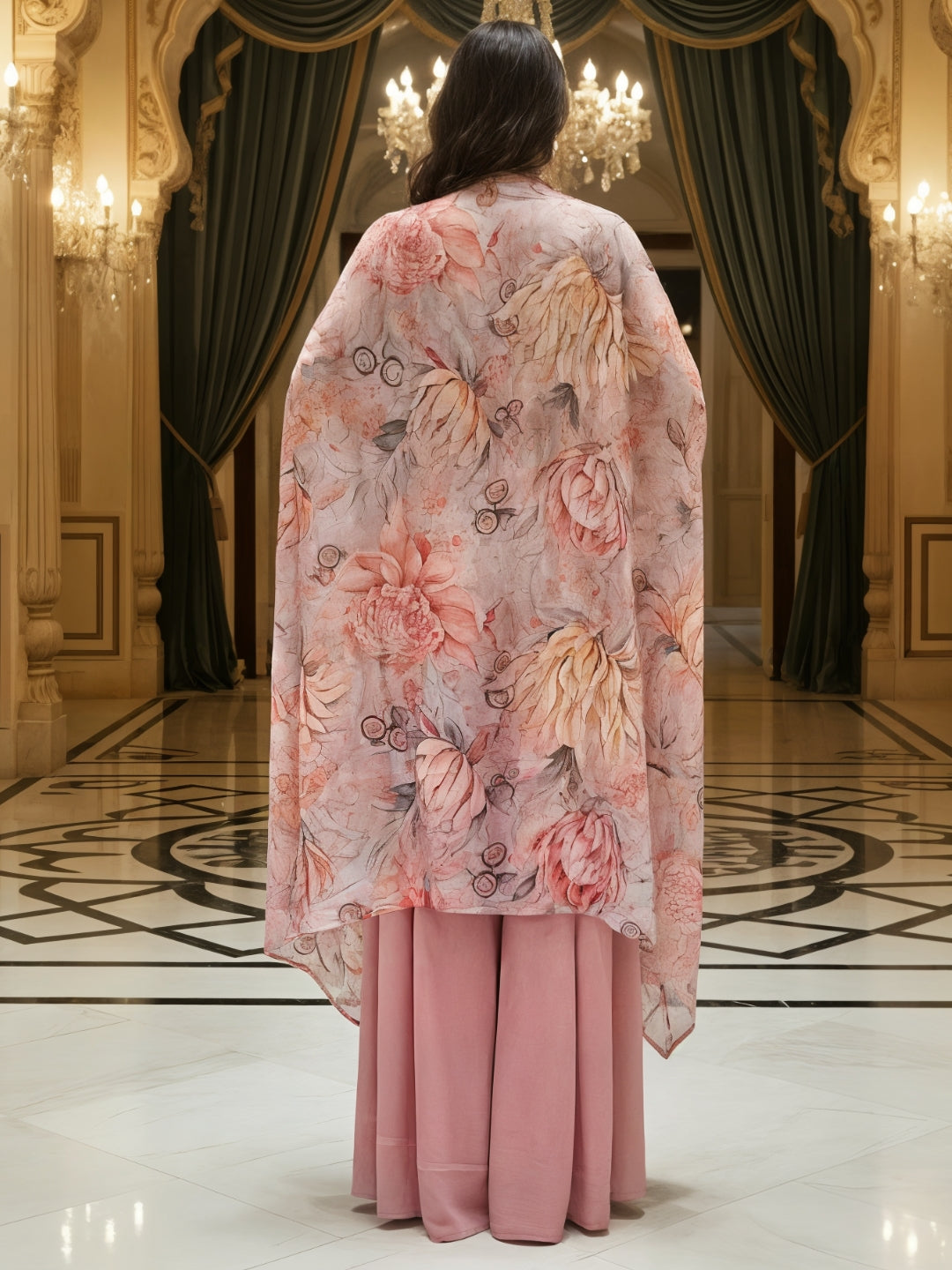 Sequinned Crop Top Set with Multicolor Tasseles, Flared Palazzo & Floral Print Cape